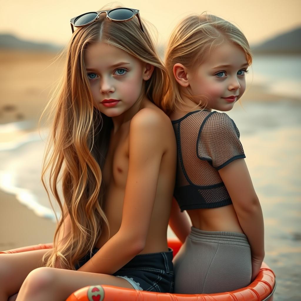  good quality, high quality, 2 girls, age 16, blonde gold shining hair with pink stripes, big blue eyes, skin is smooth and young, big s, perky , pink , tween, , the girls are , entire human body is in picture you can see legs and feet, you can see the girls back, the girl stands laterally rotated 45 degrees to camera, face is looking in camera, you can see bare cheeks, girls are sitting in small raft, the raft is stranded on gold sandy beach the beach is at small pond , girl wears transparent highly lucid clear see trough tape plastic super short tiny tape cloth transparent , , girl is , wire cloth, cloth is tape, string cloth, masterpiece, high quality, splend