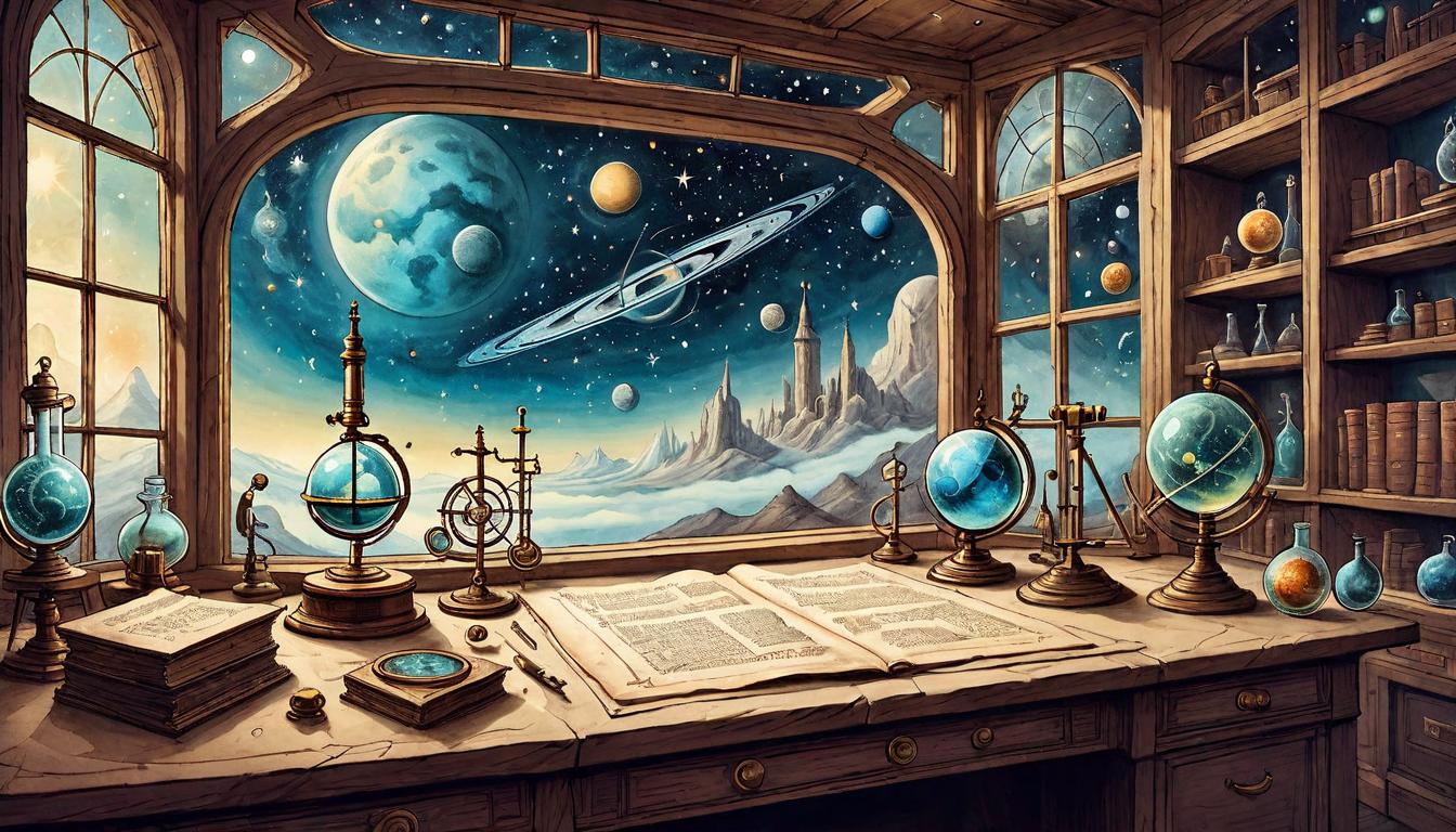  on parchment, surrealism+++, A laboratory with an open window to the cosmos, where scientific instruments interact with celestial phenomena, breakthroughs fueled by cosmic insight, the boundary between known and unknown blurred, exploration, pioneer of the future(mysterious, provocative, symbolic,muted color)+++