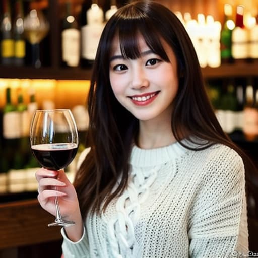  a realistic photo of a young Japanese woman, aged 25, with long dark brown hair with bangs and black eyes, 160cm tall, smiling, wearing white knitwear, at a dark and atmospheric luxurious French restaurant, dinner dishes, wine glass