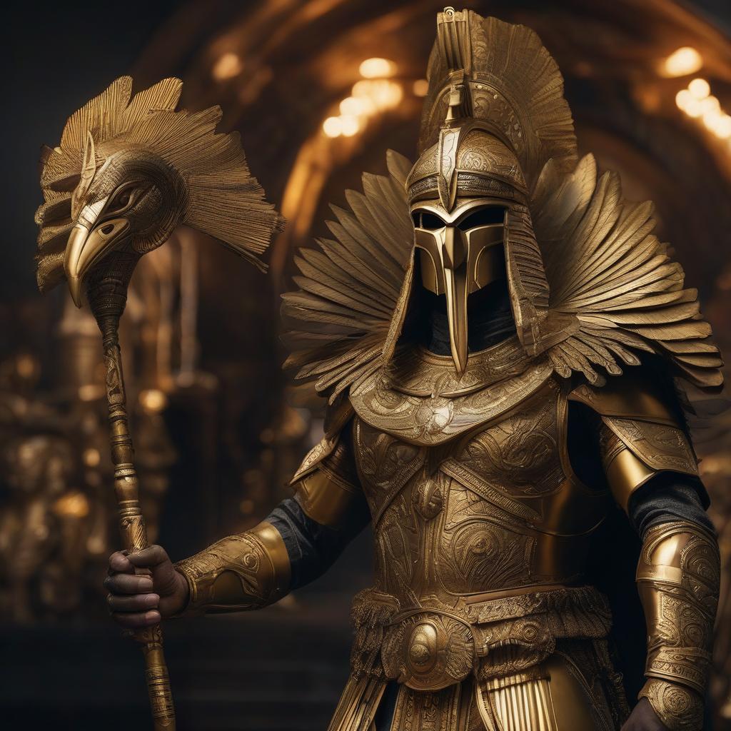  God Horus in golden armor on a black background hyperrealistic, full body, detailed clothing, highly detailed, cinematic lighting, stunningly beautiful, intricate, sharp focus, f/1. 8, 85mm, (centered image composition), (professionally color graded), ((bright soft diffused light)), volumetric fog, trending on instagram, trending on tumblr, HDR 4K, 8K