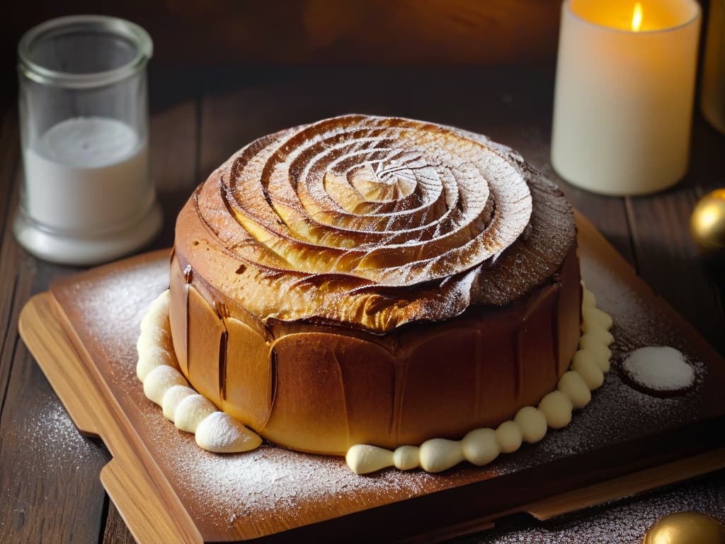  A closeup, ultradetailed image of a freshly baked Kouglof resting on a rustic wooden table, dusted with a light sprinkle of powdered sugar, highlighting the intricate swirls and patterns of the cake. The warm golden hues of the baked dough contrast beautifully against the dark wood, with subtle crumbs scattered around the base of the cake, evoking a sense of warmth and homemade goodness. hyperrealistic, full body, detailed clothing, highly detailed, cinematic lighting, stunningly beautiful, intricate, sharp focus, f/1. 8, 85mm, (centered image composition), (professionally color graded), ((bright soft diffused light)), volumetric fog, trending on instagram, trending on tumblr, HDR 4K, 8K