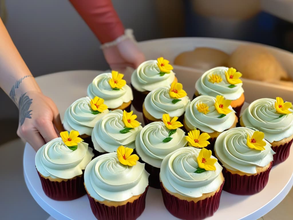  A photorealistic image of a professional baker delicately piping intricate floral designs onto a row of beautifully decorated cupcakes in a bright, airy workshop. The baker's hands are steady and focused, showcasing the artistry and precision involved in cupcake decoration. The cupcakes are topped with vibrant colors and delicate details, exuding an inspiring and dreamy atmosphere perfect for a cupcake decorating workshop. hyperrealistic, full body, detailed clothing, highly detailed, cinematic lighting, stunningly beautiful, intricate, sharp focus, f/1. 8, 85mm, (centered image composition), (professionally color graded), ((bright soft diffused light)), volumetric fog, trending on instagram, trending on tumblr, HDR 4K, 8K