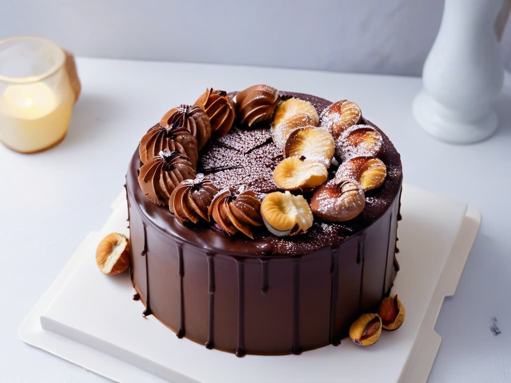  An elegant, minimalistic image of a rich, decadent chocolate and hazelnut cake sitting on a sleek, white marble table. The cake is beautifully decorated with swirls of chocolate ganache and topped with whole hazelnuts, radiating a sophisticated and indulgent vibe. The soft, ambient lighting highlights the glossy texture of the ganache, making the cake look irresistibly delicious and perfect for a sophisticated dessert table. hyperrealistic, full body, detailed clothing, highly detailed, cinematic lighting, stunningly beautiful, intricate, sharp focus, f/1. 8, 85mm, (centered image composition), (professionally color graded), ((bright soft diffused light)), volumetric fog, trending on instagram, trending on tumblr, HDR 4K, 8K