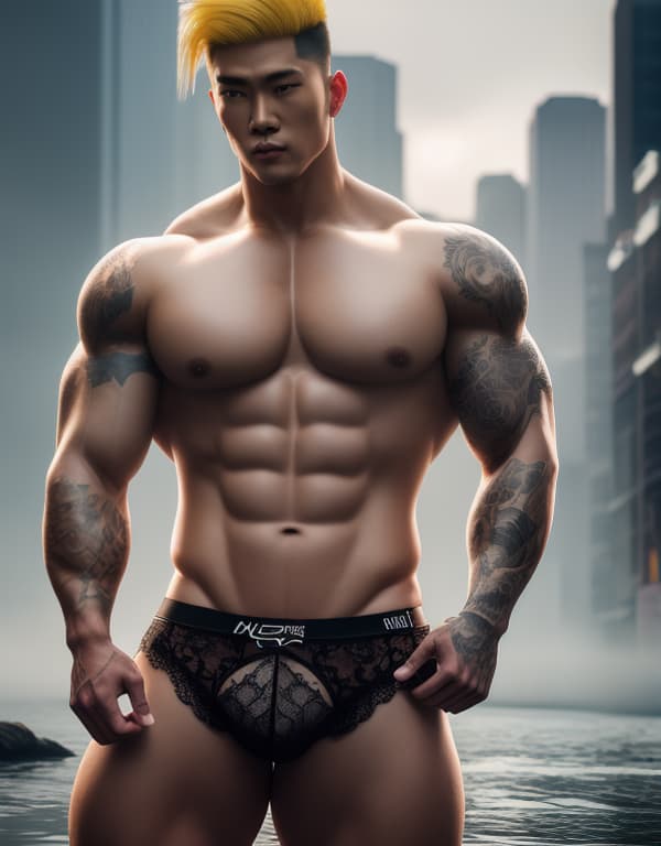  muscle, tattooed Chinese beautiful boy with white lace and yellow hair, lifting his in river， whole dorsal body，chest hair hyperrealistic, full body, detailed clothing, highly detailed, cinematic lighting, stunningly beautiful, intricate, sharp focus, f/1. 8, 85mm, (centered image composition), (professionally color graded), ((bright soft diffused light)), volumetric fog, trending on instagram, trending on tumblr, HDR 4K, 8K