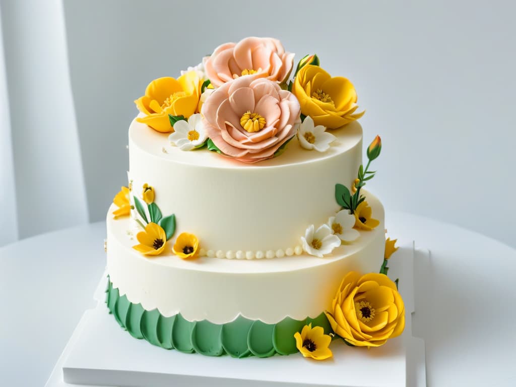  A closeup, highresolution image of a beautifully decorated threetiered cake featuring intricate piping work, delicate fondant flowers, and elegant gold accents on a clean, white background. The cake should exude sophistication and precision, showcasing the artistry and craftsmanship involved in professional pastry design. hyperrealistic, full body, detailed clothing, highly detailed, cinematic lighting, stunningly beautiful, intricate, sharp focus, f/1. 8, 85mm, (centered image composition), (professionally color graded), ((bright soft diffused light)), volumetric fog, trending on instagram, trending on tumblr, HDR 4K, 8K