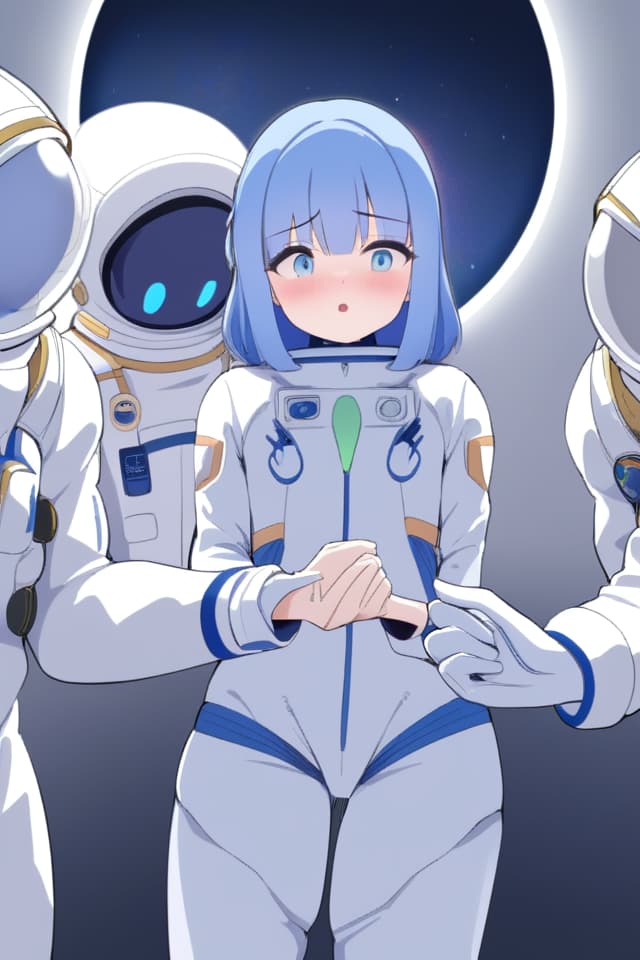  Space,alien,astronaut girl,moon,beautiful girl,blue hair,blue eye,shaking hands with aliens,cute,star,beautiful,confused expression,astronaut,space suit、(absurd detailed:1.4、best quality:1.4、masterpiece:1.4)、