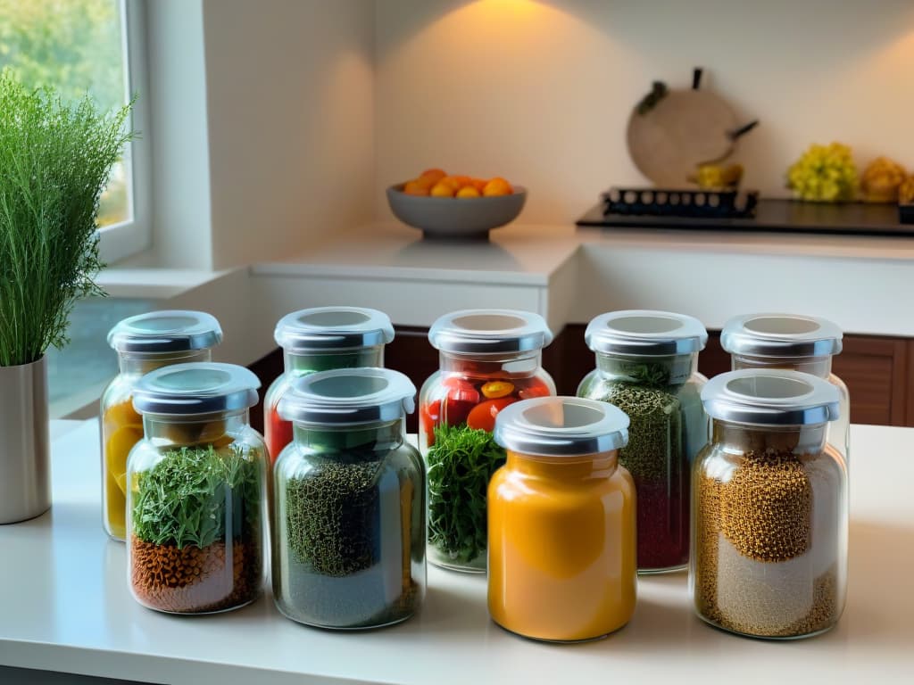  A highresolution image of a sleek, modern kitchen countertop with various glass jars filled with colorful herbs, fruits, and spices neatly organized. A ray of natural light illuminates the ingredients, casting soft shadows on the counter, creating a minimalist yet visually striking composition that evokes a sense of creativity and sophistication in pastrymaking. hyperrealistic, full body, detailed clothing, highly detailed, cinematic lighting, stunningly beautiful, intricate, sharp focus, f/1. 8, 85mm, (centered image composition), (professionally color graded), ((bright soft diffused light)), volumetric fog, trending on instagram, trending on tumblr, HDR 4K, 8K