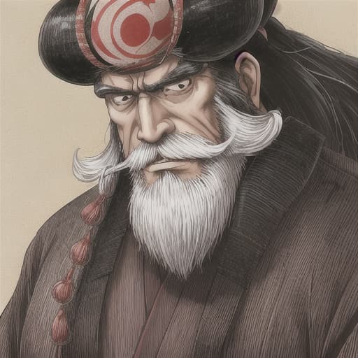  old man, Japanese outfits, serious face, long thin beard and mustache, thin