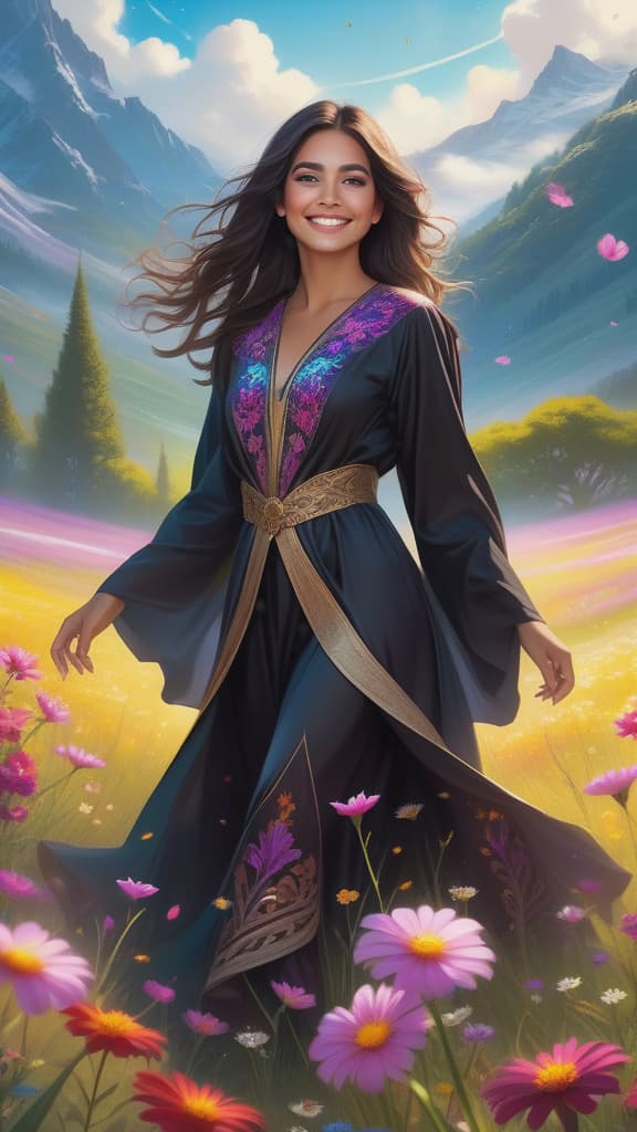  hispanic woman smiling wearing dark robes in a meadow, hyper detailed colored captivating eyes, ( add depth, surrounded by flowers, backlit, petals, hair floating, gorgeous beautiful woman, photoRAW,HD,8K,Hyperdetailed,hyper realistic background:1.5), (Ultra detailed illustration of a person lost in a magical world of wonders, glowy, background, incredibly detailed, night, bioluminescence, ultrarealistic, hyperrealistice, hyperdetailed: shiny aura, highly detailed, intricate motifs, perfect composition, smooth, sharp focus, sparkling particles, background Realistic, (In a captivating art piece, a whimsical virtual regal amoeba blob creature takes center stage, This vibrant  image showcases a charming and charismatic character, reminiscent o hyperrealistic, full body, detailed clothing, highly detailed, cinematic lighting, stunningly beautiful, intricate, sharp focus, f/1. 8, 85mm, (centered image composition), (professionally color graded), ((bright soft diffused light)), volumetric fog, trending on instagram, trending on tumblr, HDR 4K, 8K