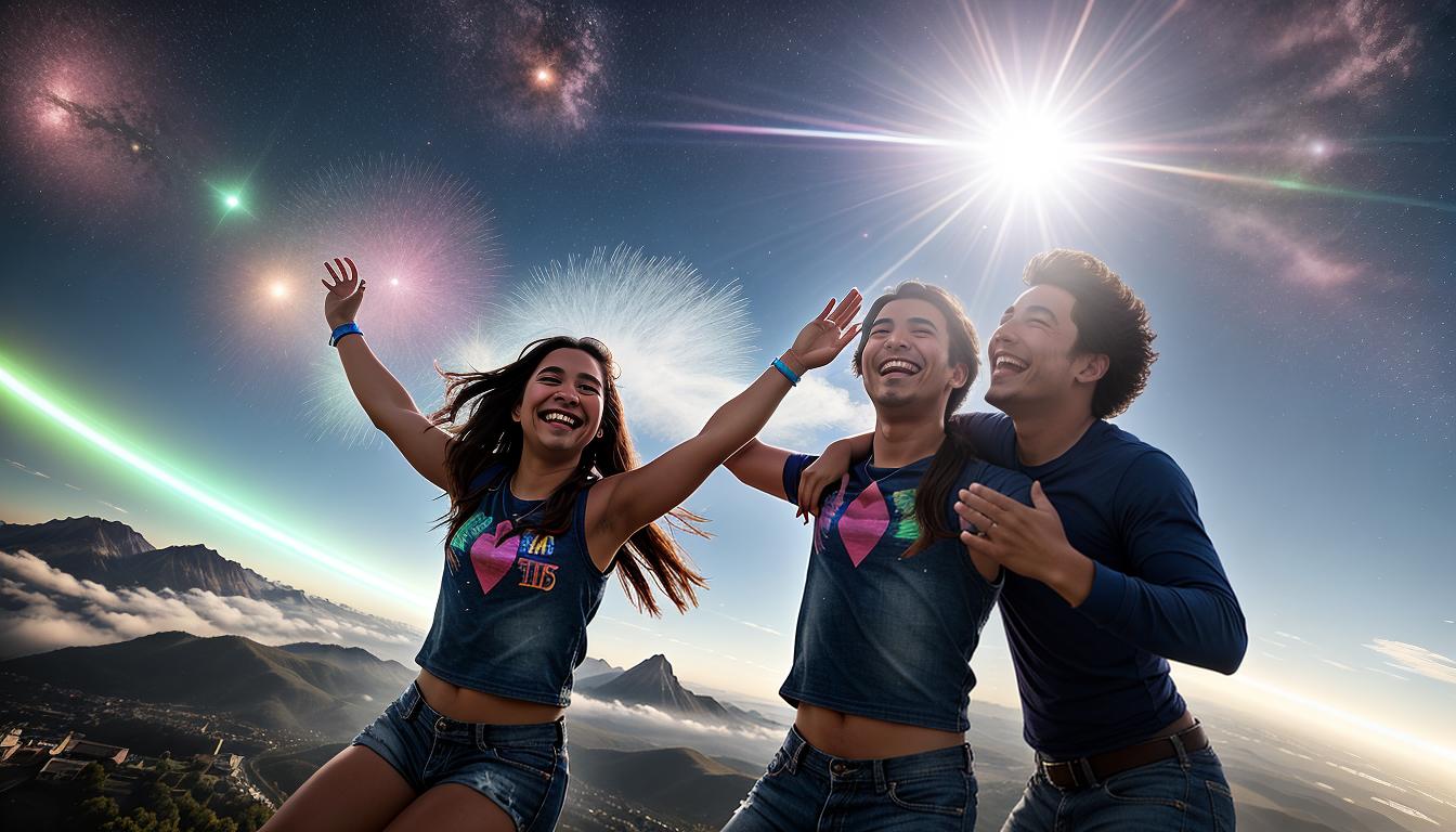  cinematic, aesthetic, A joyful person lifting another up into the air, both smiling brightly, pure joy in their faces, energy bursts around them, shared happiness, uplifting moment, bright exuberant colors, 4k, HDR, lens flare