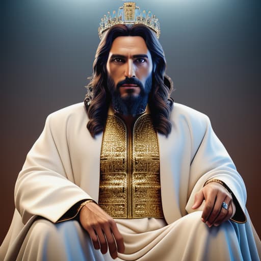  create a 3d illustrating character were jesus sitting in a heaven and wearing crown sitting like a king hyperrealistic, full body, detailed clothing, highly detailed, cinematic lighting, stunningly beautiful, intricate, sharp focus, f/1. 8, 85mm, (centered image composition), (professionally color graded), ((bright soft diffused light)), volumetric fog, trending on instagram, trending on tumblr, HDR 4K, 8K