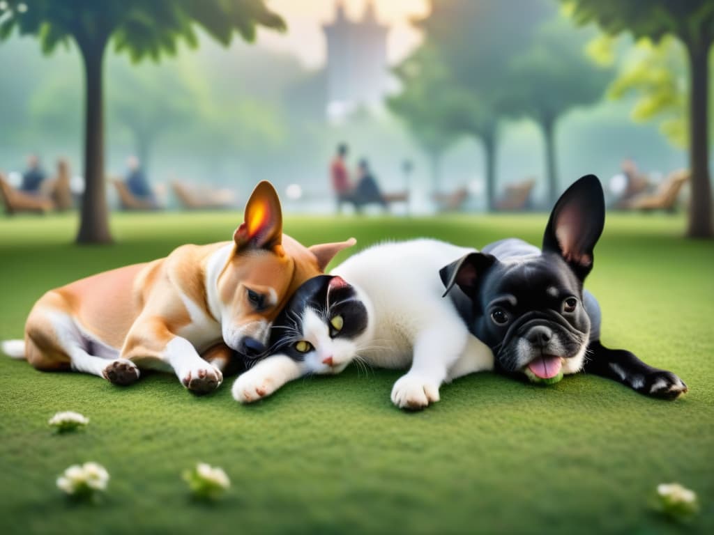  An image of a diverse group of adult pets, including dogs, cats, and rabbits, peacefully interacting in a park setting. The animals are shown engaging in social behaviors such as sniffing each other, playing together, and lying down in a relaxed manner. The background includes a lush green environment with trees and flowers, creating a tranquil and inviting atmosphere for the pets to socialize. Each animal is displaying body language that indicates they are comfortable and enjoying the company of their fellow furry friends. hyperrealistic, full body, detailed clothing, highly detailed, cinematic lighting, stunningly beautiful, intricate, sharp focus, f/1. 8, 85mm, (centered image composition), (professionally color graded), ((bright soft diffused light)), volumetric fog, trending on instagram, trending on tumblr, HDR 4K, 8K