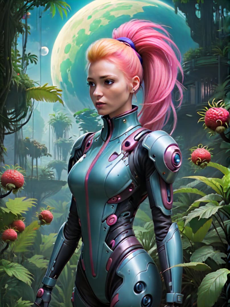  Triffid, adult female with blonde pink hair pony-tail , scientific, eye still-suit science futuristic, micro-tech, fiction kaki, harvesting a fantasy-berry in a fantastical jungle with sentient flora and fauna. They are wearing futuristic body suits body suits, and . Distant Moons, triffids, carnivorous plants, holding, Highly defined, highly detailed, sharp focus, (centered image composition), 4K, 8K