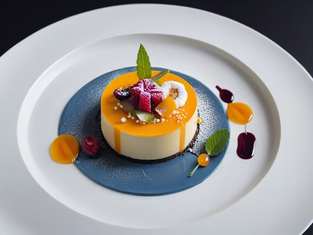  An elegant, minimalistic image of a beautifully plated modern Asian dessert, featuring vibrant colors and intricate details. The dessert is placed on a sleek, white plate, set against a dark, matte background to enhance its visual appeal. The dessert itself is a delicate balance of textures and flavors, with artistic garnishes adding a touch of sophistication. The overall composition exudes a sense of refinement and contemporary Asian culinary artistry. hyperrealistic, full body, detailed clothing, highly detailed, cinematic lighting, stunningly beautiful, intricate, sharp focus, f/1. 8, 85mm, (centered image composition), (professionally color graded), ((bright soft diffused light)), volumetric fog, trending on instagram, trending on tumblr, HDR 4K, 8K