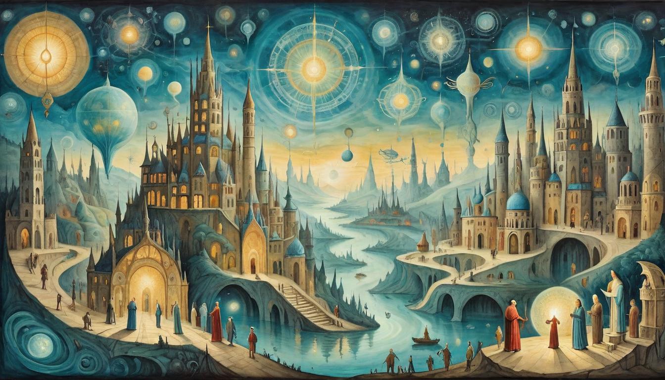  on parchment, surrealism+++, Multiple luminous figures radiating light, each influencing various scenes such as a city, nature, and a cosmic background, interconnected luminous threads, expansive and awe inspiring(mysterious, provocative, symbolic,muted color)+++