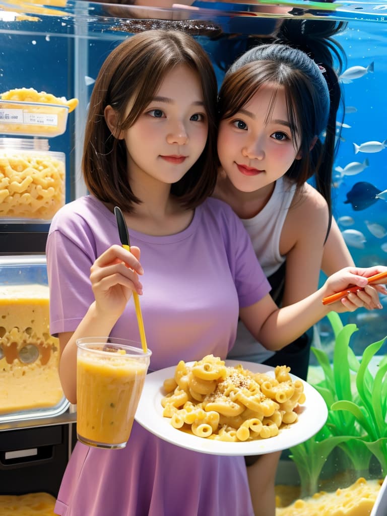  girl eating mac and cheese with purple spoon in a aquarium with fish and a teacher