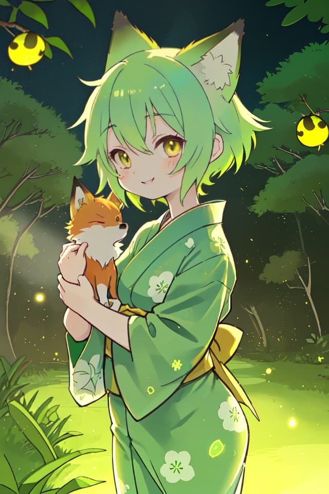  A yukata of the green hair character in the fox ear, the light of countless fireflies shines in the dark countryside, a very beautiful smile