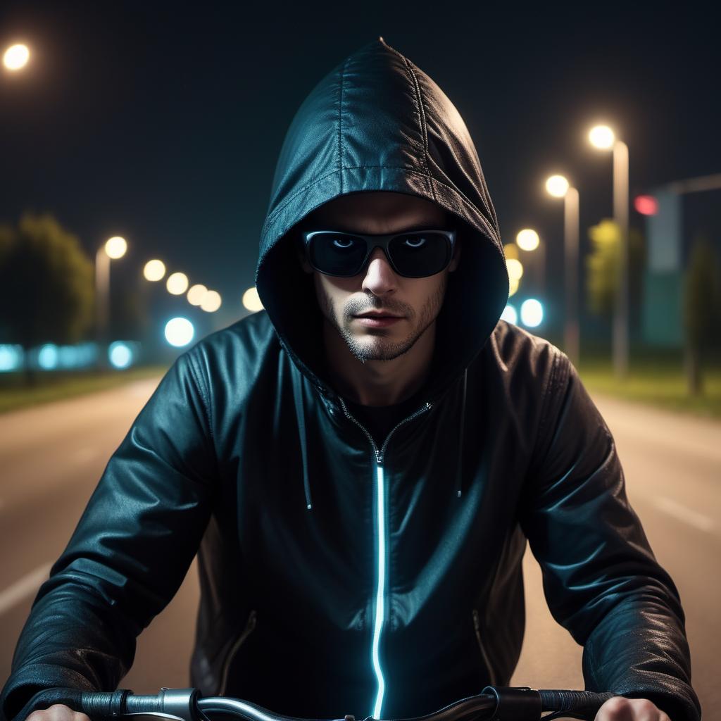  a man in a hood on bicycle, his face covered with the black glasses, night, turned sideways, dark jacket, super visualization. 4k, in the distance, on the road
