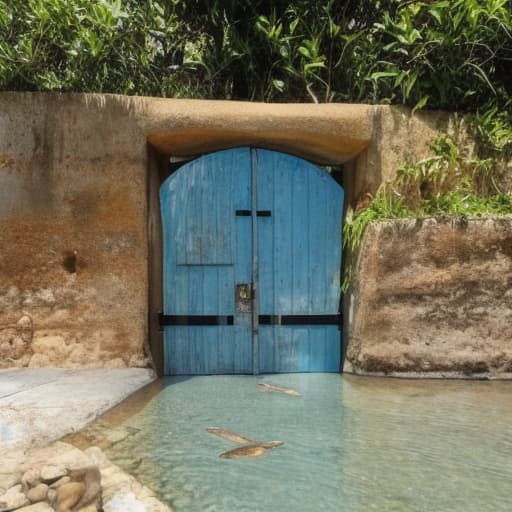  uma porta rodeada por aguas, com peixes circulando,