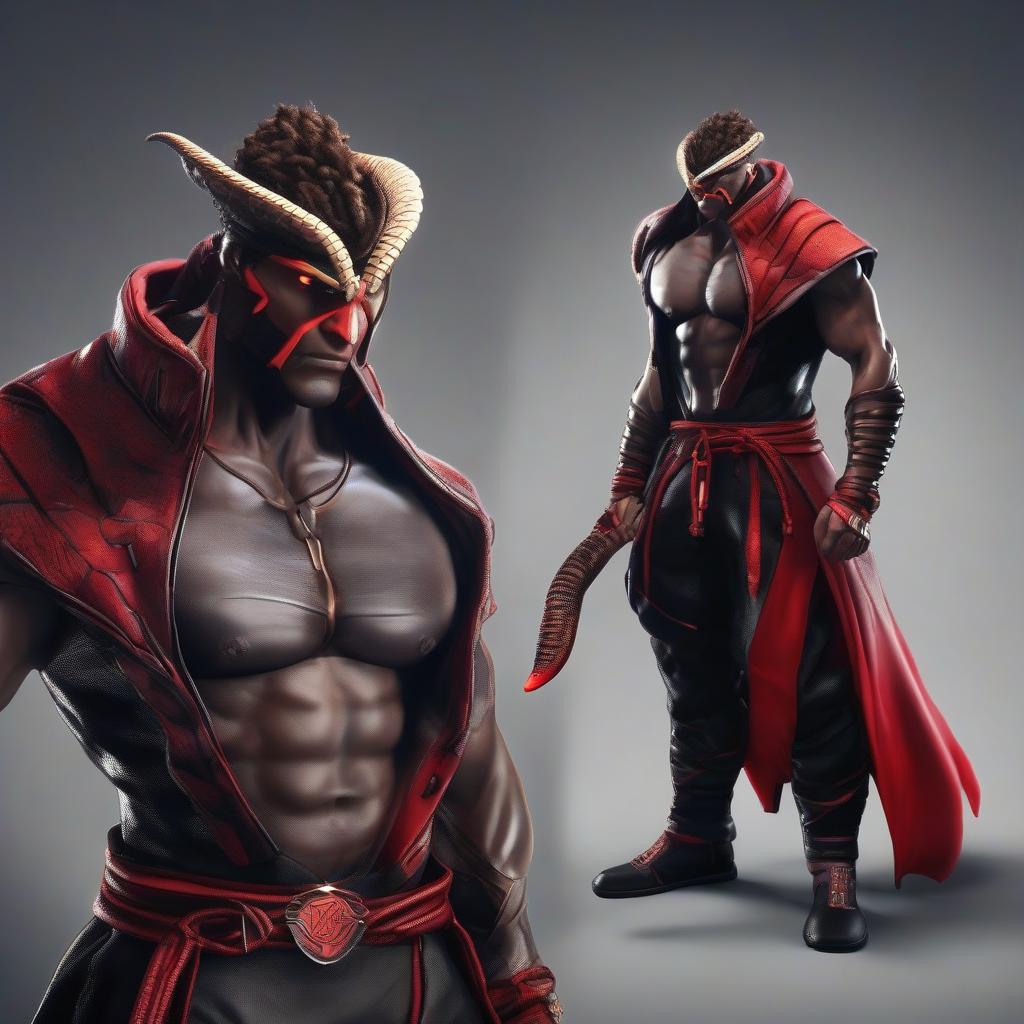  Street Fighter style Humanoid snake. Brown eyes. Scales of black and red colors. Dirty hood on the head. . vibrant, dynamic, arcade, 2D fighting game, highly detailed, reminiscent of Street Fighter series hyperrealistic, full body, detailed clothing, highly detailed, cinematic lighting, stunningly beautiful, intricate, sharp focus, f/1. 8, 85mm, (centered image composition), (professionally color graded), ((bright soft diffused light)), volumetric fog, trending on instagram, trending on tumblr, HDR 4K, 8K