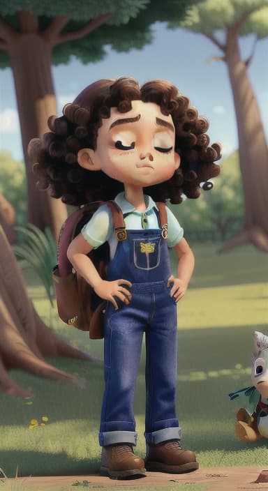  {Riley standing under the tree with eyes closed, making the wish., Riley, a curious with big brown eyes and curly hair, wearing overalls and carrying a small backpack. Their friend, Skye, a bluebird with shiny feathers.