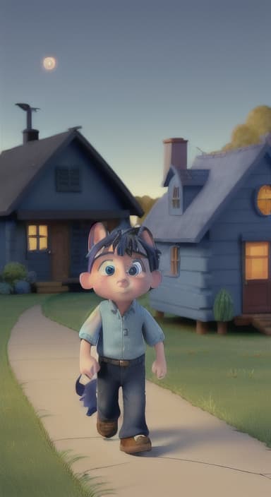  {Max walking back towards the cozy little house with droopy eyes, as twilight falls, The big blue dog is large with sky blue fur, big round eyes, a black nose, and floppy ears.