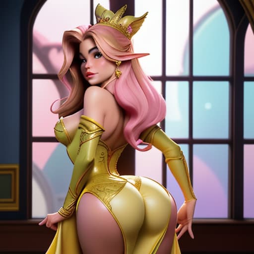  Sofia Vergara as a fantasy Disney queen in bodytight and skinny pink-yellow short and opulent dress,seen from the back leaning towards palace window,her ass up,watching her Middle Earth- like kingdom