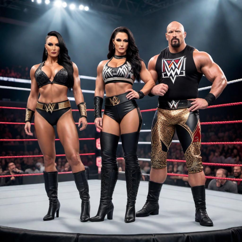  Visualize @realKILLERkross and @Lady_Scarlett13 as a WWE power couple, both with black hair. They should be presented in a powerful and dynamic pose, reflecting their wrestling personas with intensity. The image should include signature elements that emphasize their status as a dominant duo in WWE, such as coordinated black wrestling outfits, championship belts over their shoulders, and an action-packed arena background with a live audience filled with excitement. hyperrealistic, full body, detailed clothing, highly detailed, cinematic lighting, stunningly beautiful, intricate, sharp focus, f/1. 8, 85mm, (centered image composition), (professionally color graded), ((bright soft diffused light)), volumetric fog, trending on instagram, trending on tumblr, HDR 4K, 8K