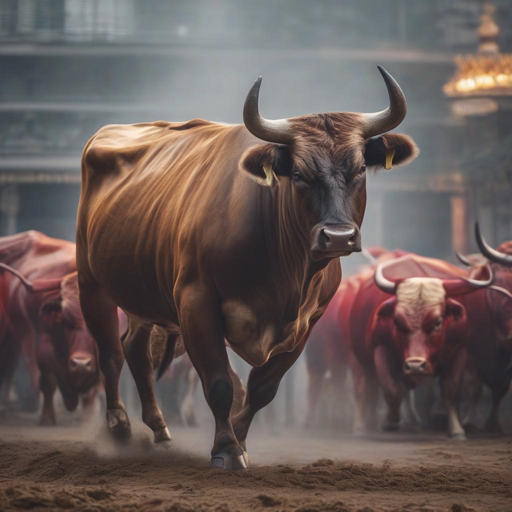  Reporting on the color styling of bulls. hyperrealistic, full body, detailed clothing, highly detailed, cinematic lighting, stunningly beautiful, intricate, sharp focus, f/1. 8, 85mm, (centered image composition), (professionally color graded), ((bright soft diffused light)), volumetric fog, trending on instagram, trending on tumblr, HDR 4K, 8K