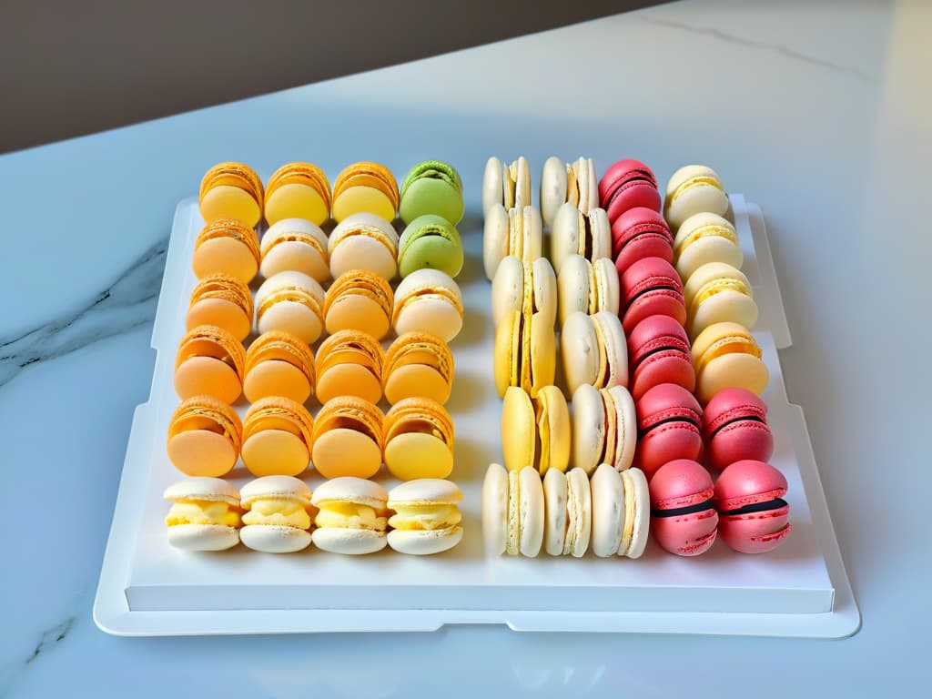  A minimalist, highresolution image of a pristine white marble countertop adorned with an array of meticulously arranged bright and colorful macarons in various flavors and hues. The macarons are perfectly shaped, with smooth, glossy shells and delicate feet, creating a visually striking and appetizing display. The soft, natural lighting enhances the vibrancy of the macarons, casting gentle shadows on the flawless surface of the marble countertop. The simplicity of the composition highlights the beauty and craftsmanship of the intricately designed macarons, inviting the viewer to appreciate the artistry and precision that goes into creating these delectable treats. hyperrealistic, full body, detailed clothing, highly detailed, cinematic lighting, stunningly beautiful, intricate, sharp focus, f/1. 8, 85mm, (centered image composition), (professionally color graded), ((bright soft diffused light)), volumetric fog, trending on instagram, trending on tumblr, HDR 4K, 8K