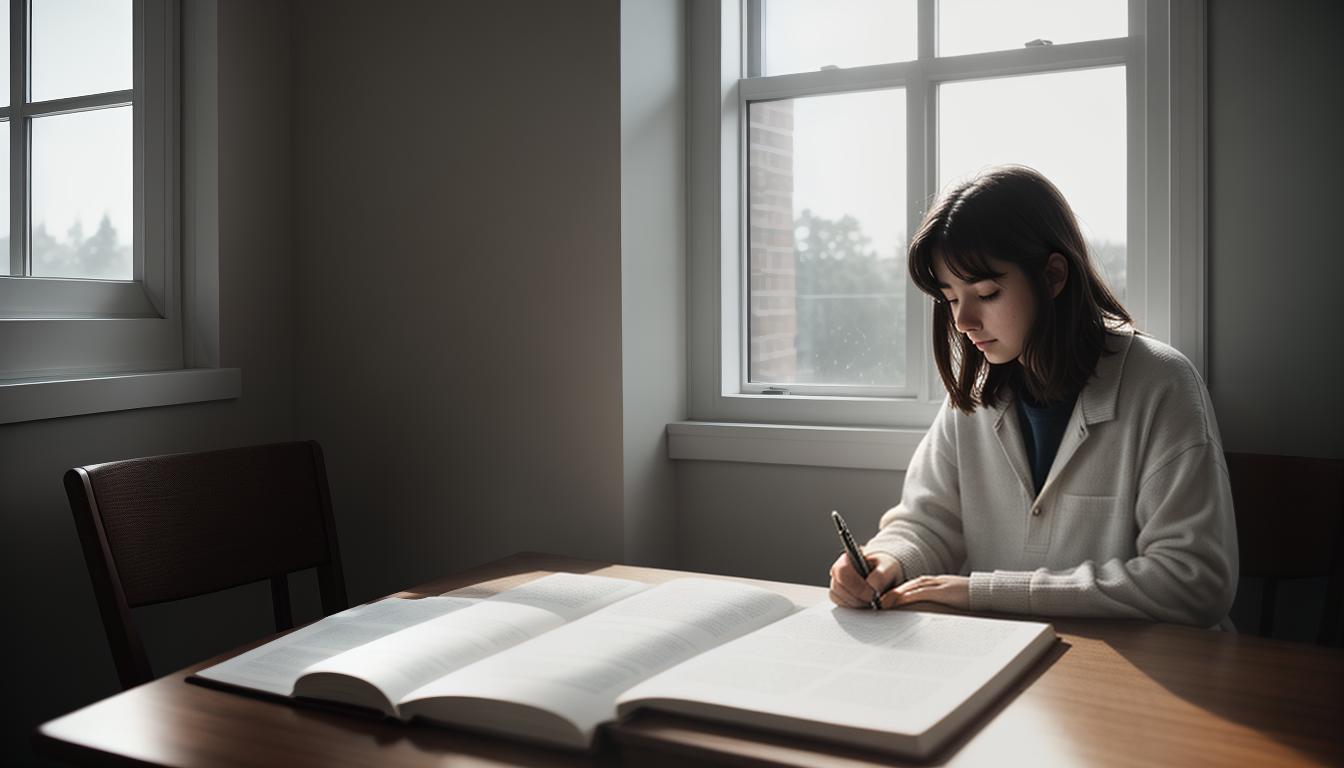  cinematic, aesthetic, A thoughtful person, sitting by the window with a journal and pen, contemplative expression, soft morning light, introspection, motivation, personal reflection, 4k, HDR, lens flare