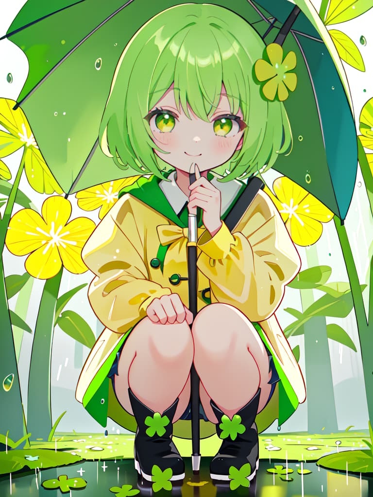  Staring at the four leaf clover with an umbrella in the rain, a yellow raincoat and a yellow green haired girl character in boots, crouching and staring at the on the ground and staring with a smile., masterpiece, best quality,8k,ultra detailed,high resolution,an extremely delicate and beautiful,hyper detail