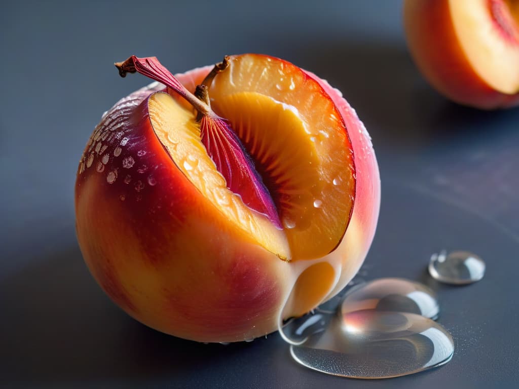  A closeup, ultradetailed image of a perfectly ripe, juicy peach sliced in half with its golden flesh glistening in natural light. The intricate details of the peach's fuzzy skin and the droplets of juice on the surface are crystal clear, showcasing the vibrant colors and textures that evoke freshness and health. hyperrealistic, full body, detailed clothing, highly detailed, cinematic lighting, stunningly beautiful, intricate, sharp focus, f/1. 8, 85mm, (centered image composition), (professionally color graded), ((bright soft diffused light)), volumetric fog, trending on instagram, trending on tumblr, HDR 4K, 8K