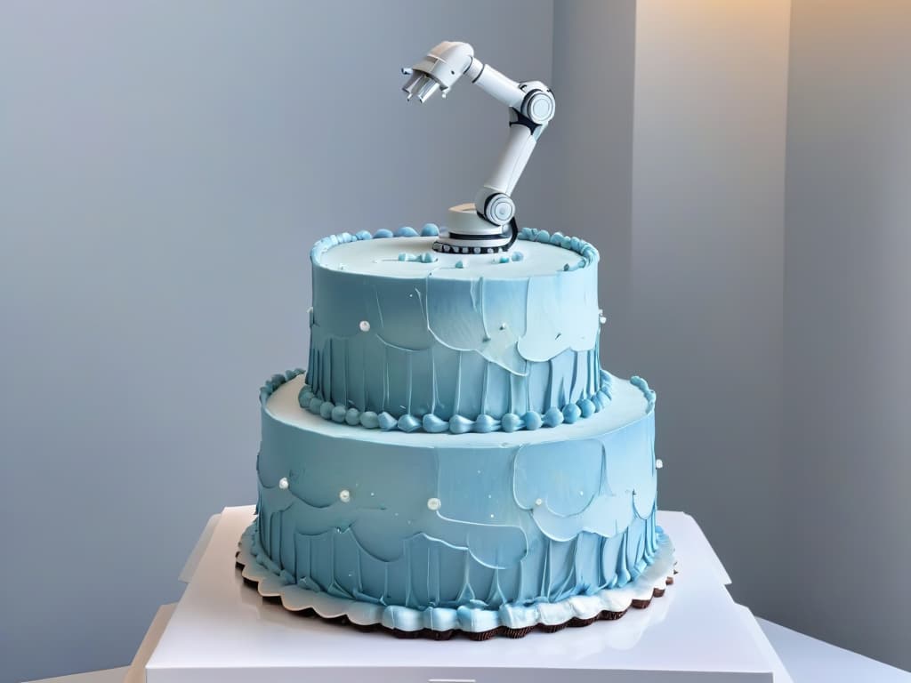  A closeup, ultradetailed image of a sleek, silver robotic arm delicately piping intricate designs onto a multitiered wedding cake. The robotic arm is adorned with small LED lights, casting a soft, futuristic glow on the perfectly smooth frosting of the cake. Each movement of the robotic arm is captured with crystalclear precision, showcasing the seamless fusion of artistry and cuttingedge technology in the realm of cake decoration. hyperrealistic, full body, detailed clothing, highly detailed, cinematic lighting, stunningly beautiful, intricate, sharp focus, f/1. 8, 85mm, (centered image composition), (professionally color graded), ((bright soft diffused light)), volumetric fog, trending on instagram, trending on tumblr, HDR 4K, 8K