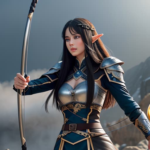  young female elf warrior, long straight black hair and blue eyes dressed in leather armor holding a bow and arrow hyperrealistic, full body, detailed clothing, highly detailed, cinematic lighting, stunningly beautiful, intricate, sharp focus, f/1. 8, 85mm, (centered image composition), (professionally color graded), ((bright soft diffused light)), volumetric fog, trending on instagram, trending on tumblr, HDR 4K, 8K