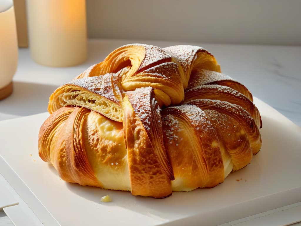  An ultradetailed closeup image of a golden croissant fresh out of the oven, with flaky layers glistening in the light, showcasing the rich, buttery texture that only European butter can impart. The croissant is placed on a sleek, modern marble countertop, with a subtle hint of steam rising from its perfectly baked surface, evoking a sense of warmth and indulgence. hyperrealistic, full body, detailed clothing, highly detailed, cinematic lighting, stunningly beautiful, intricate, sharp focus, f/1. 8, 85mm, (centered image composition), (professionally color graded), ((bright soft diffused light)), volumetric fog, trending on instagram, trending on tumblr, HDR 4K, 8K