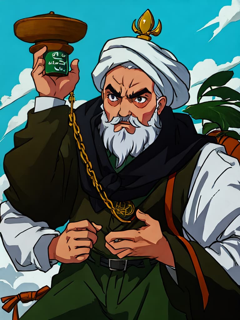  Ayatollah Khomeini, beard, old, powerful, strong, muscular, Jojo-style, anime style