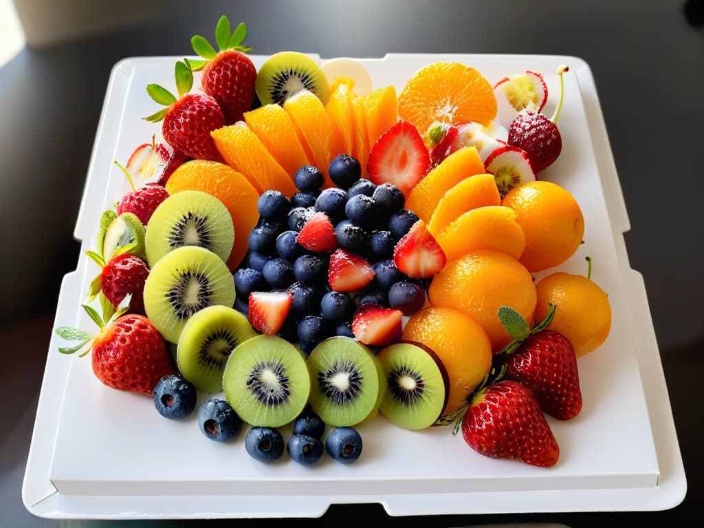  A closeup, ultradetailed image of a beautifully arranged fruit platter featuring vibrant strawberries, succulent blueberries, juicy oranges, and slices of ripe kiwi, all meticulously placed on a sleek, white porcelain platter. The fruits glisten under soft, natural lighting, showcasing their freshness and inviting colors. The minimalistic composition highlights the natural beauty and appeal of these wholesome ingredients, symbolizing the shift towards healthier dessert choices in modern culinary trends. hyperrealistic, full body, detailed clothing, highly detailed, cinematic lighting, stunningly beautiful, intricate, sharp focus, f/1. 8, 85mm, (centered image composition), (professionally color graded), ((bright soft diffused light)), volumetric fog, trending on instagram, trending on tumblr, HDR 4K, 8K