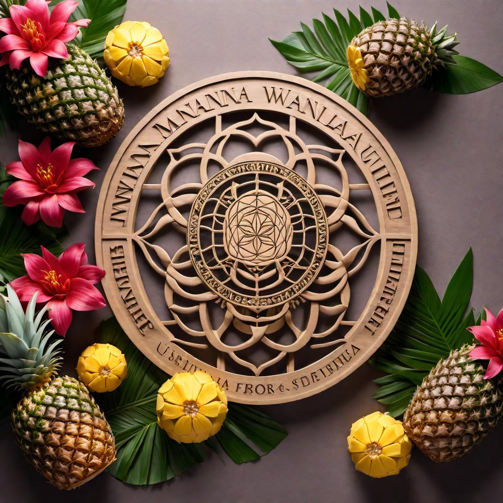  Create a university seal design for 'Kamanna Wananna LeiU University' with the university name 'Kamanna Wananna LeiU University' placed around the Flower of Life in a circular manner. Include the Flower of Life in the center with two pineapples behind it. Ensure the design is visually appealing and all the requested details are included. hyperrealistic, full body, detailed clothing, highly detailed, cinematic lighting, stunningly beautiful, intricate, sharp focus, f/1. 8, 85mm, (centered image composition), (professionally color graded), ((bright soft diffused light)), volumetric fog, trending on instagram, trending on tumblr, HDR 4K, 8K