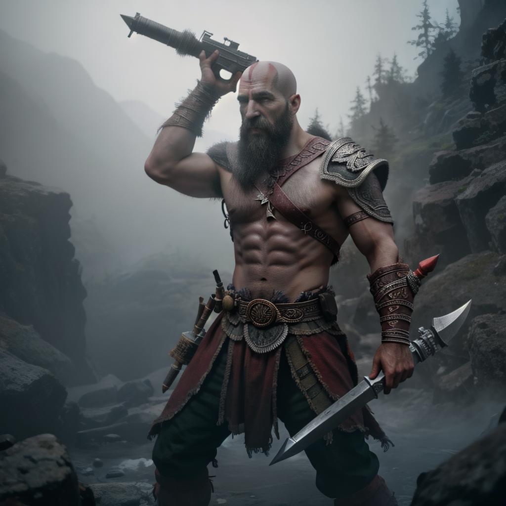  God of war hyperrealistic, full body, detailed clothing, highly detailed, cinematic lighting, stunningly beautiful, intricate, sharp focus, f/1. 8, 85mm, (centered image composition), (professionally color graded), ((bright soft diffused light)), volumetric fog, trending on instagram, trending on tumblr, HDR 4K, 8K