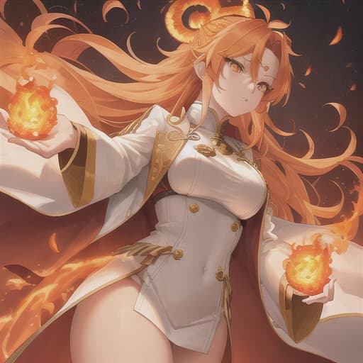  Goddess, Fire Goddess, Adult Woman, Blonde Fire Hair, Hair on Fire, Orange Eyes, White long tailcoat accented by Orange, Anime, Fantasy