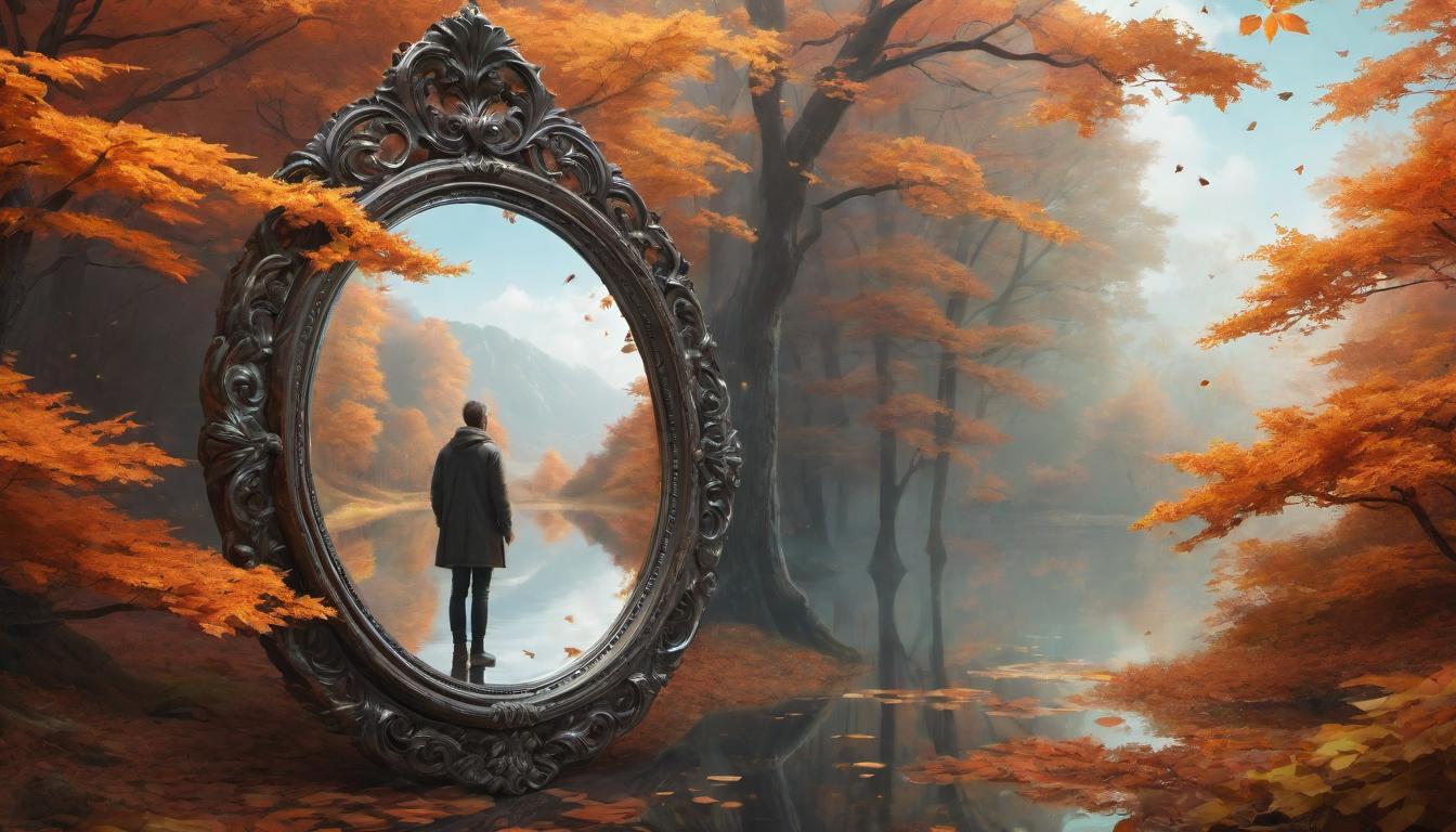  digital illustration, A figure facing a mirror, reflection showing a swift changing of seasons around them, immediate effect, personal journey, realization, looking at viewer, dynamic pose, (intricate details, masterpiece, best quality)