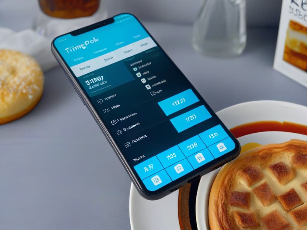  A minimalist, ultradetailed image of a sleek smartphone displaying a beautifully designed baking app interface with vibrant colors, intuitive icons, and a userfriendly layout. The app screen showcases various tools like a timer, recipe book, shopping list, and a virtual pantry, all tailored to streamline the baking process for innovative pastry chefs. hyperrealistic, full body, detailed clothing, highly detailed, cinematic lighting, stunningly beautiful, intricate, sharp focus, f/1. 8, 85mm, (centered image composition), (professionally color graded), ((bright soft diffused light)), volumetric fog, trending on instagram, trending on tumblr, HDR 4K, 8K