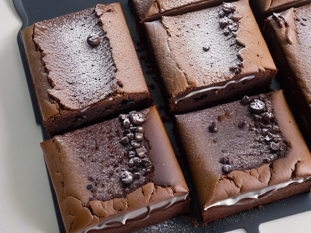  A closeup, photorealistic image of a freshly baked batch of brownies, still warm from the oven. The brownies glisten with melted chocolate chips on top, showcasing a perfect balance of a moist, fudgy interior and a slightly crispy edge. The surface of the brownies is adorned with a sprinkling of powdered sugar, and a few raspberries are strategically placed to add a pop of color and freshness. The lighting is soft, accentuating the rich, chocolatey tones and inviting the viewer to take a bite. hyperrealistic, full body, detailed clothing, highly detailed, cinematic lighting, stunningly beautiful, intricate, sharp focus, f/1. 8, 85mm, (centered image composition), (professionally color graded), ((bright soft diffused light)), volumetric fog, trending on instagram, trending on tumblr, HDR 4K, 8K