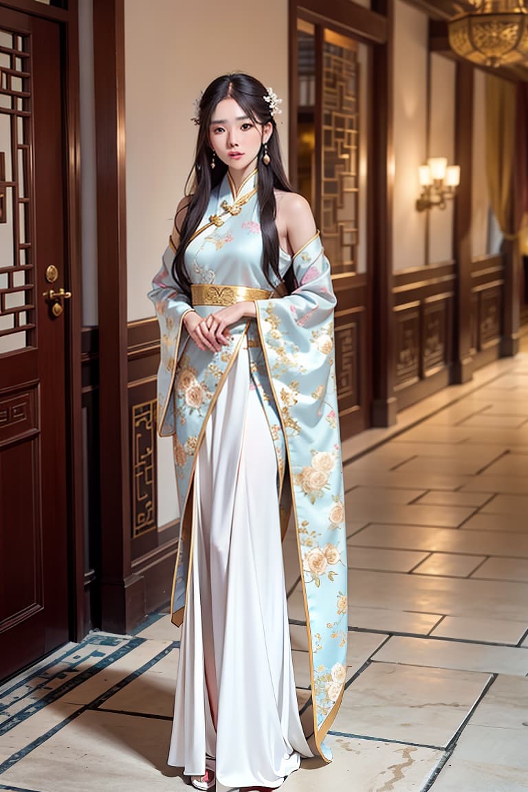  gufeng,bare shoulders,best quality,masterpiece,ultra high res,A beautiful with a Chinese face,solo,elegantly standing on the attic of an ancient Chinese building,looking diagonally at the streets,(medium s:1.1),age,Glossy hair,shiny hair,Hair fs,(full body), on,(:0.7),hanfu,tang style outfits,<lora:mix4:0.7>,<lora:more details:0.8>,<lora:koreanDollLikeness v15:0.5>, hyperrealistic, full body, detailed clothing, highly detailed, cinematic lighting, stunningly beautiful, intricate, sharp focus, f/1. 8, 85mm, (centered image composition), (professionally color graded), ((bright soft diffused light)), volumetric fog, trending on instagram, trending on tumblr, HDR 4K, 8K