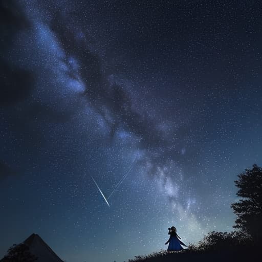  Night gently over every corner of the park, the deep blue sky dotted with countless twinkling stars, as if countless elves were dancing. Occasionally, a bright meteor tore through the night sky, leaving a short and dazzling trail of light, as if telling a distant legend. In the center of the picture, a young sat on a swing. She was wearing a light blue dress. Her swayed gently in the night wind, like a light cloud. Her face was gently illuminated by the moonlight, and her eyes sparkled with infinite yearning and curiosity for the stars. She looked up at the stars with a faint smile on her lips, as if she was talking to the stars and sharing secrets in her heart. Next to the , a boy stood quietly. He was wearing a d