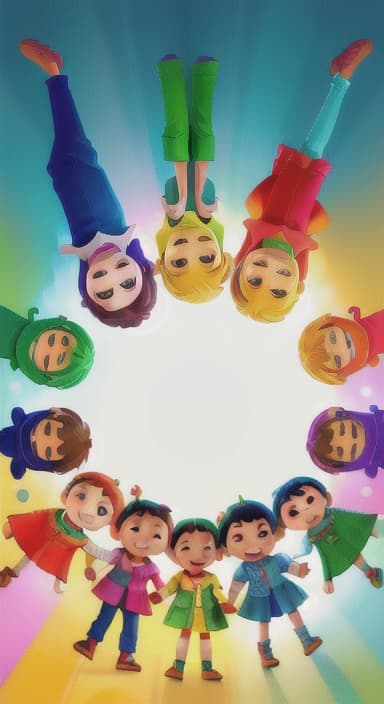  {A bright and colorful book cover with a group of happy children holding hands in a circle., Children of various ethnicities. They are smiling and wearing colorful clothing.