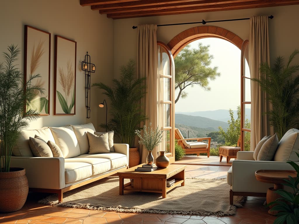  this unedited 8k photograph captures a stunningly beautiful and intricately detailed view of a mediterranean style living room, defined by warm colors, natural textures, and a relaxed ambiance. the image, taken with a wide angle 24mm f/1.4 lens using a dutch angle for a creative perspective, showcases a hyperrealistic, photorealistic masterpiece with bright soft diffused sunset lighting. the color palette features tea green (rgb 208, 240, 192) as the dominant color, complemented by white (rgb 255, 255, 255), and accented with conifer (rgb 172, 221, 77), enhancing the dense furnishings and decorations. this professionally color graded, highly detailed photo embodies a nostalgic, analog style from the 1990s, possibly including muted colors an