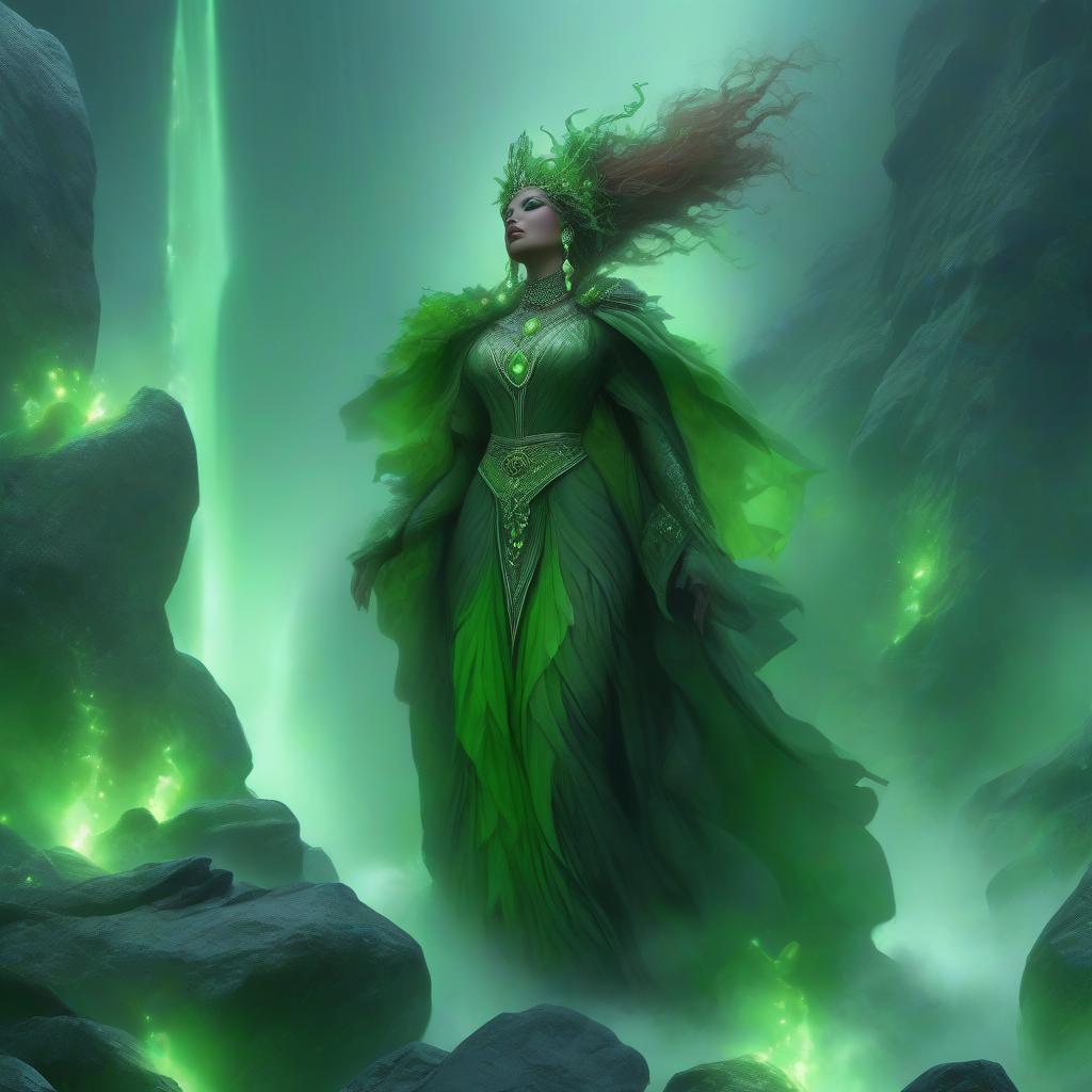  horror themed Goddess of the Earth, mistress of the mountain, spirit of the land, beautiful woman, floating over the rocks, chestnut hair, green eyes, smile, jewelry of green stones in her hair. Fog and rocks, mysticism. . eerie, unsettling, dark, spooky, suspenseful, grim, highly detailed hyperrealistic, full body, detailed clothing, highly detailed, cinematic lighting, stunningly beautiful, intricate, sharp focus, f/1. 8, 85mm, (centered image composition), (professionally color graded), ((bright soft diffused light)), volumetric fog, trending on instagram, trending on tumblr, HDR 4K, 8K