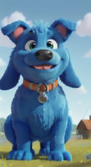  {A happy, big blue dog wagging its tail in a colorful meadow, The big blue dog is large with sky blue fur, big round eyes, a black nose, and floppy ears.